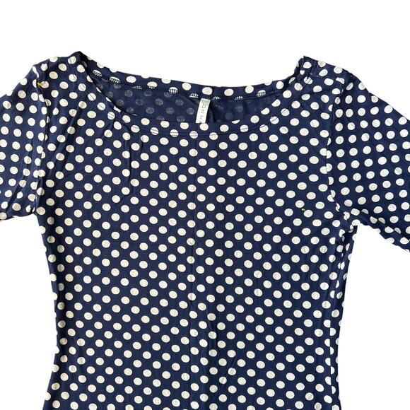 BZR Navy Polka Dot Bodycon Dress Women’s Size L 3/4 Sleeve Stretch - Picture 2 of 7